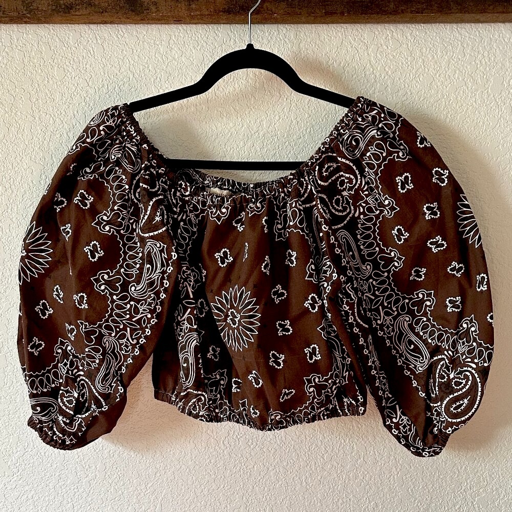 Lady Friend Handmade Women's M Brown Bandana Off the Shoulder Puff Sleeve Top